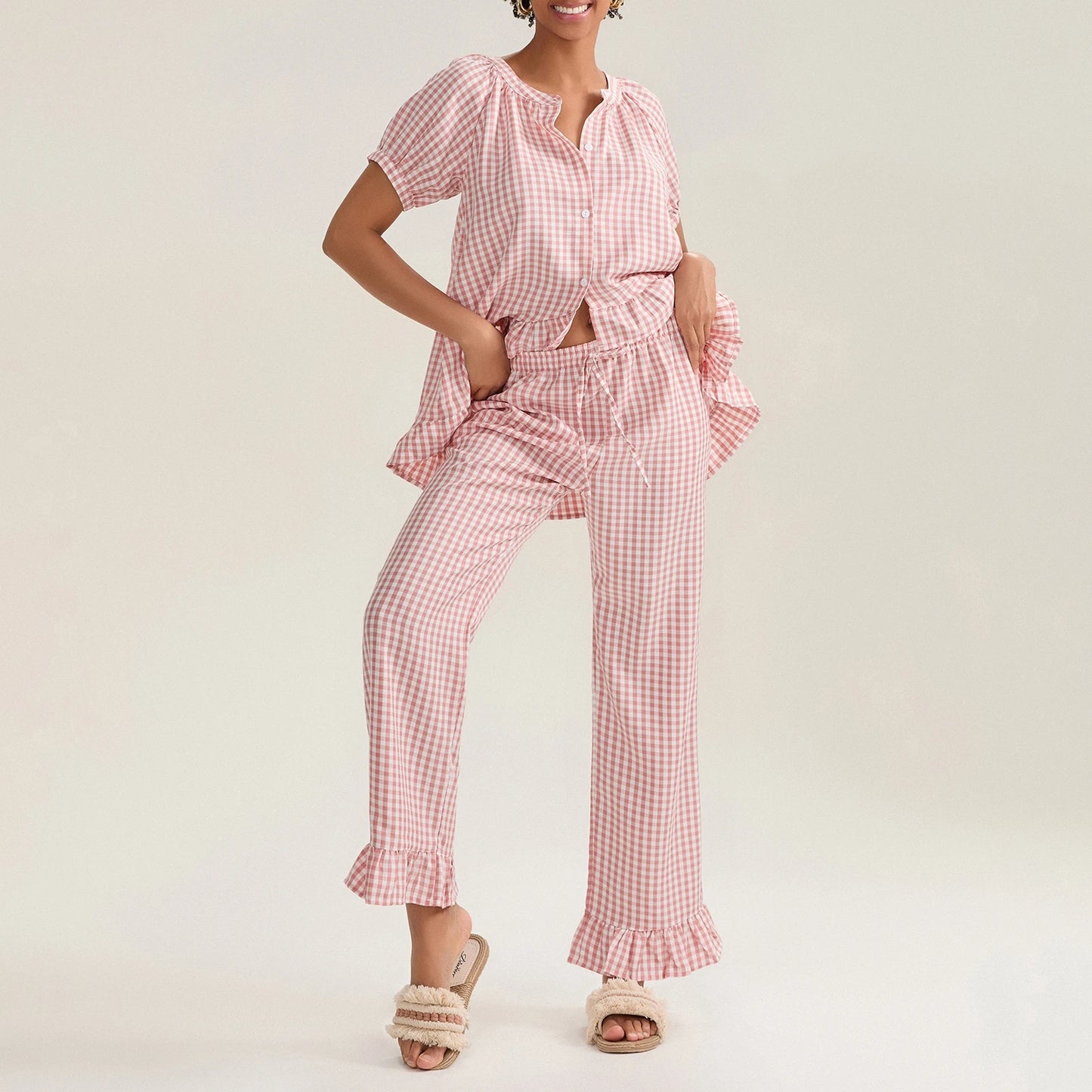 Women’s 2 Piece Pajama Set Short Sleeve Plaid Print Button Up Shirt + Ruffle Pants Set Sleepwear Loungewear