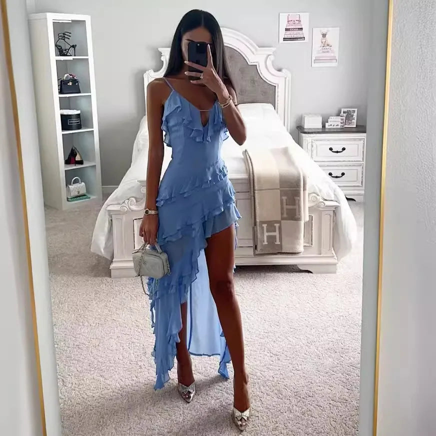 Woman Irregular Tassel Summer Trend Skinny Split Maxi Bodycon Birthday Party Clubwear Vestidos Blue Elegant Women Strap Dresses