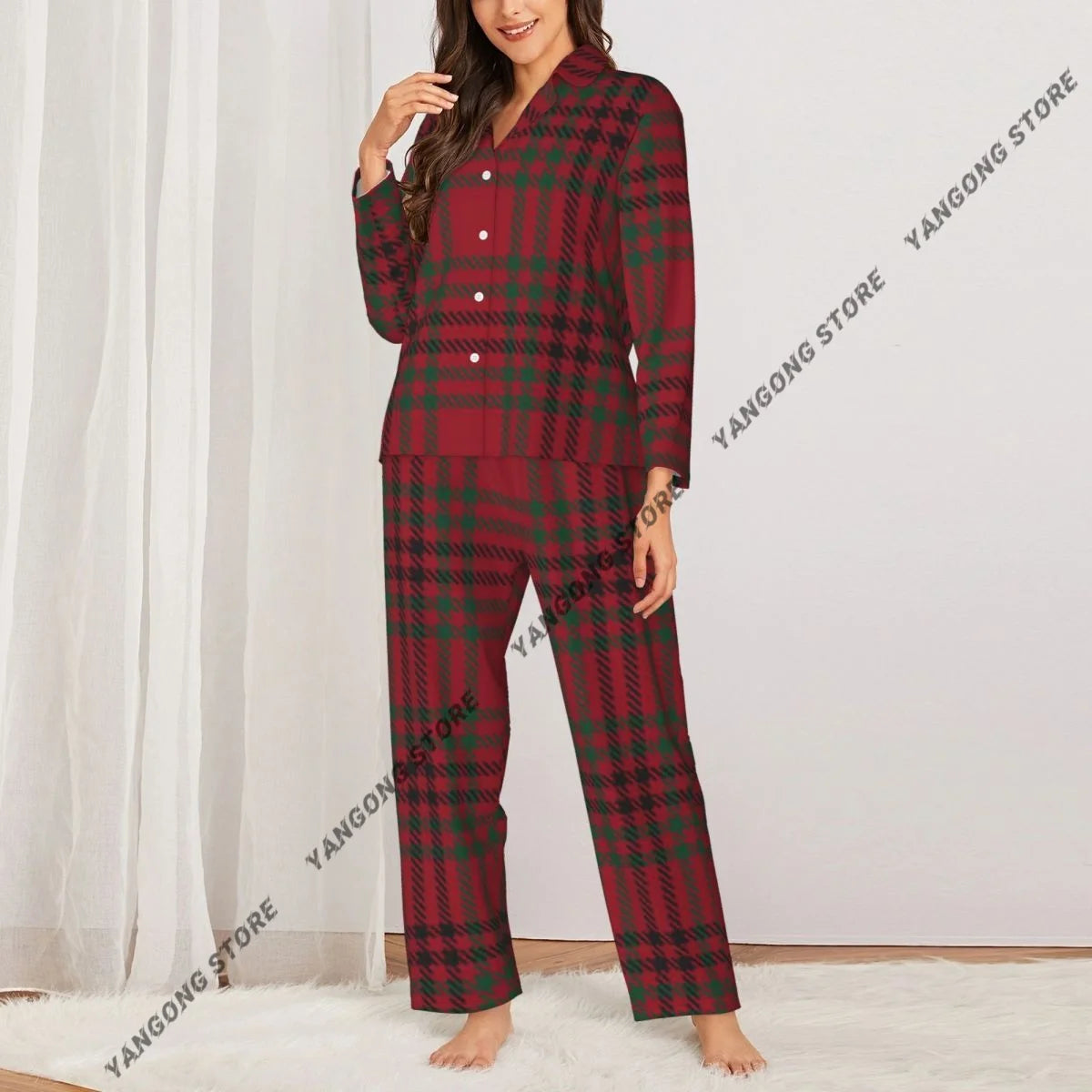 Christmas Plaid Checkered Tartan Fashion Womens Pajamas Loungewear Two-piece Sleepwear Button-Down Full Sleeve Long Pajamas Set