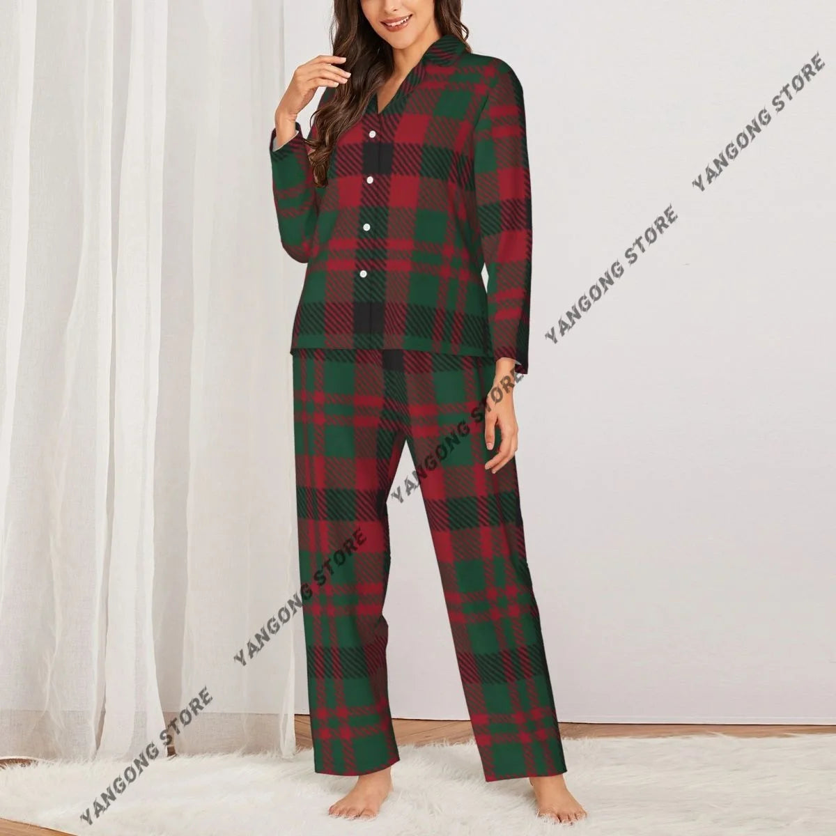 Christmas Plaid Checkered Tartan Fashion Womens Pajamas Loungewear Two-piece Sleepwear Button-Down Full Sleeve Long Pajamas Set