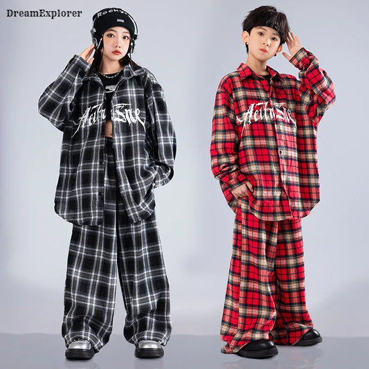 Boys Hip Hop Cool Plaid Shirt Street Dance Pants Girls K-pop Blouse Baggy Sweatpants Children Streetwear Kid Jazz Clothes Sets