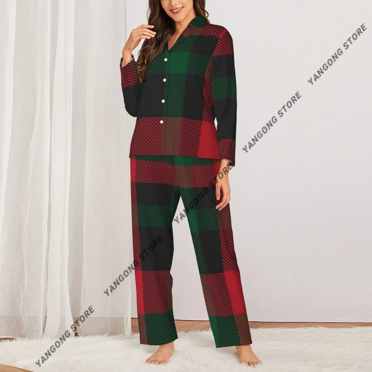 Christmas Plaid Checkered Tartan Fashion Womens Pajamas Loungewear Two-piece Sleepwear Button-Down Full Sleeve Long Pajamas Set