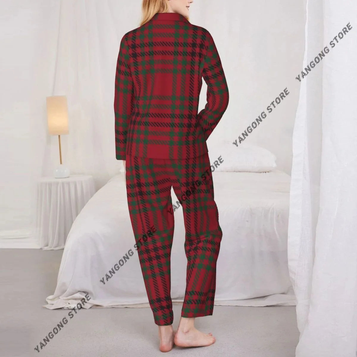 Christmas Plaid Checkered Tartan Fashion Womens Pajamas Loungewear Two-piece Sleepwear Button-Down Full Sleeve Long Pajamas Set