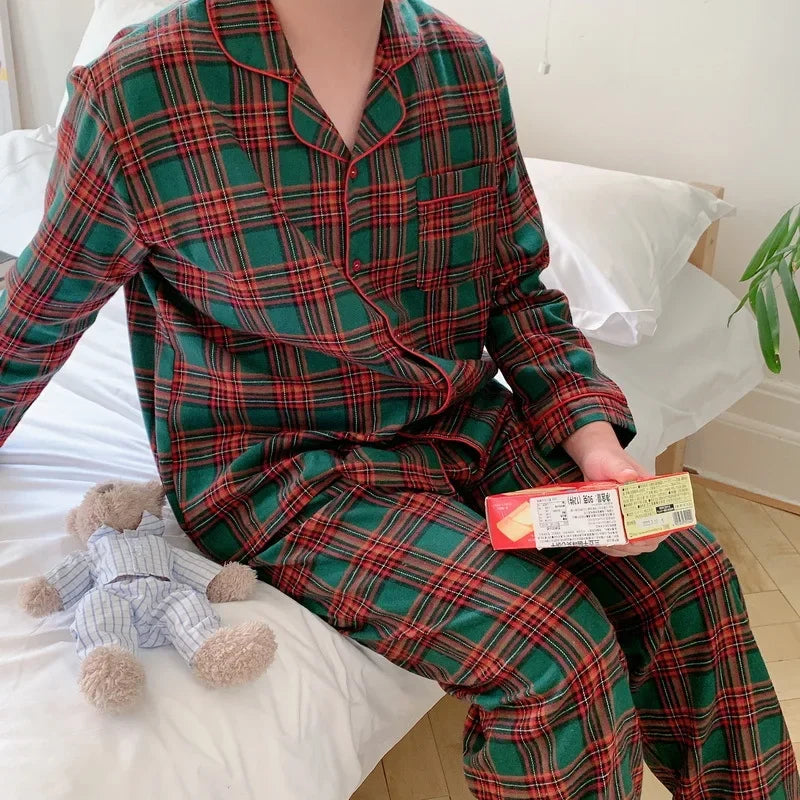 Autumn and Winter Couples Models Christmas Brushed Plaid Home Wear Casual Men's Long-sleeved Pajamas Set Can Be Worn Outside Men