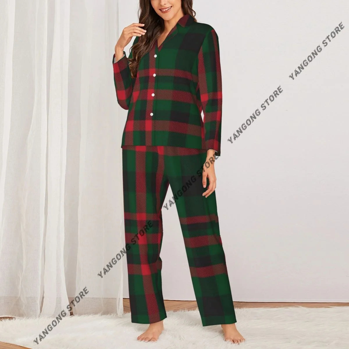 Christmas Plaid Checkered Tartan Fashion Womens Pajamas Loungewear Two-piece Sleepwear Button-Down Full Sleeve Long Pajamas Set