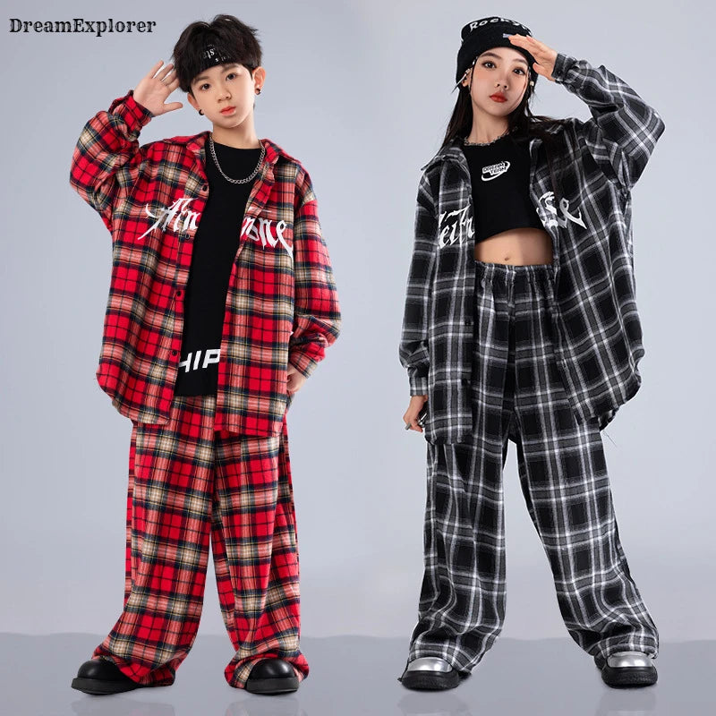 Boys Hip Hop Cool Plaid Shirt Street Dance Pants Girls K-pop Blouse Baggy Sweatpants Children Streetwear Kid Jazz Clothes Sets