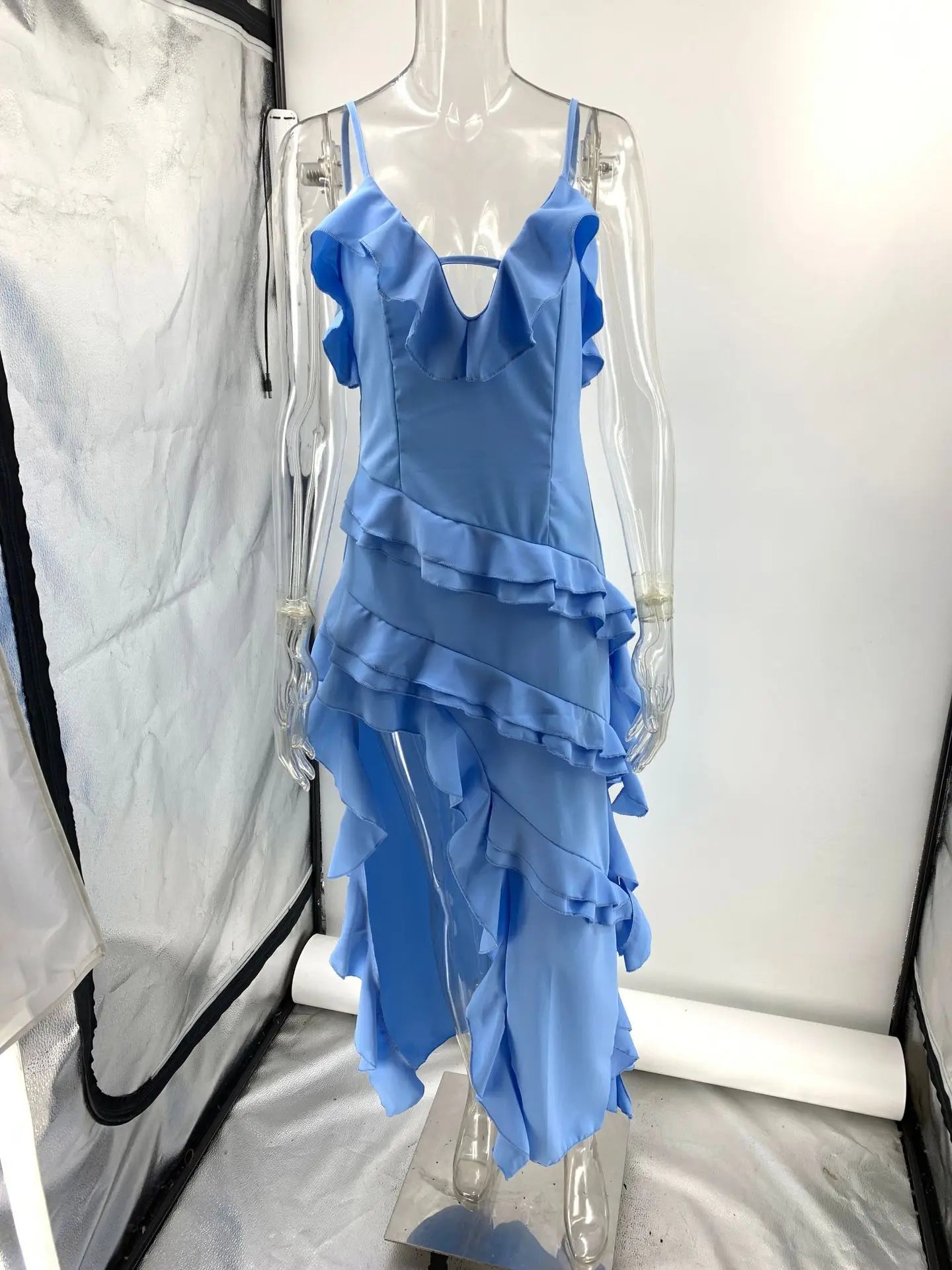 Woman Irregular Tassel Summer Trend Skinny Split Maxi Bodycon Birthday Party Clubwear Vestidos Blue Elegant Women Strap Dresses