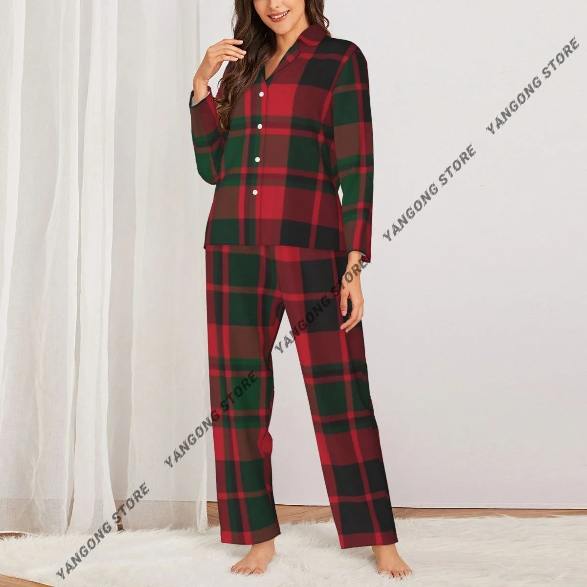 Christmas Plaid Checkered Tartan Fashion Womens Pajamas Loungewear Two-piece Sleepwear Button-Down Full Sleeve Long Pajamas Set