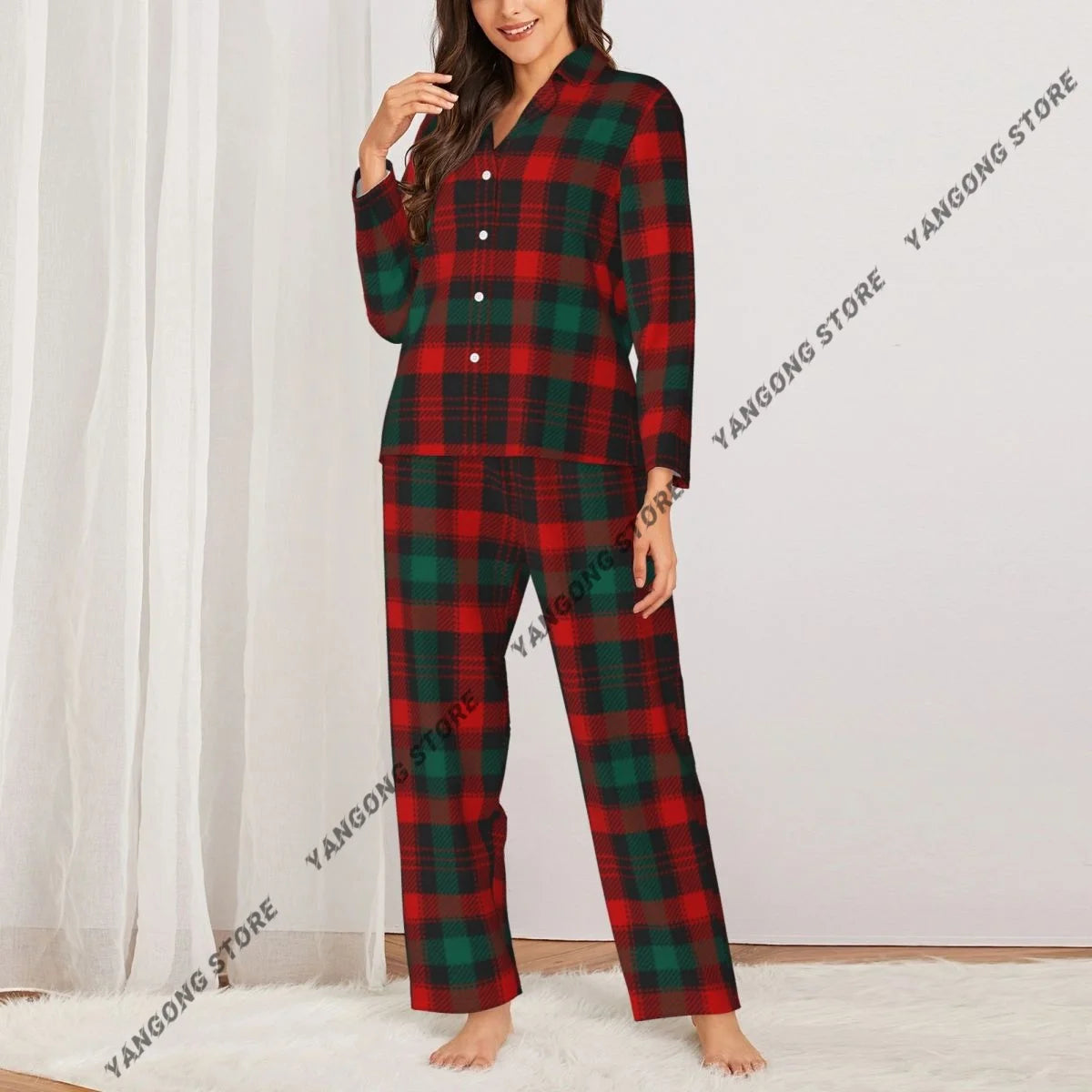 Christmas Plaid Checkered Tartan Fashion Womens Pajamas Loungewear Two-piece Sleepwear Button-Down Full Sleeve Long Pajamas Set