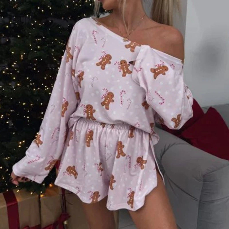 Women Slanted Collar Long Sleeved Top and Shorts 2pc Set Casual Festival Party Outfit New Christmas Printed Loose Nightgown Suit