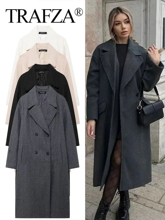 TRAFZA Winter Coat For Women 2024 Solid Lapel Double Breasted Long Cardigan Top Female Pokcet Streetwear Woman New In OuterCoat