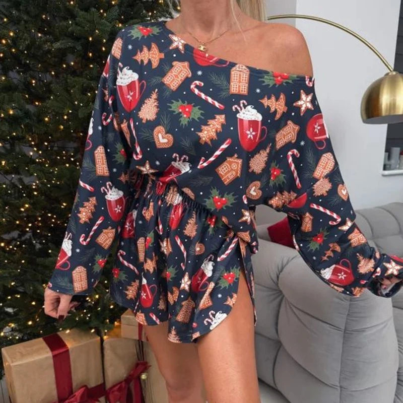 Women Slanted Collar Long Sleeved Top and Shorts 2pc Set Casual Festival Party Outfit New Christmas Printed Loose Nightgown Suit