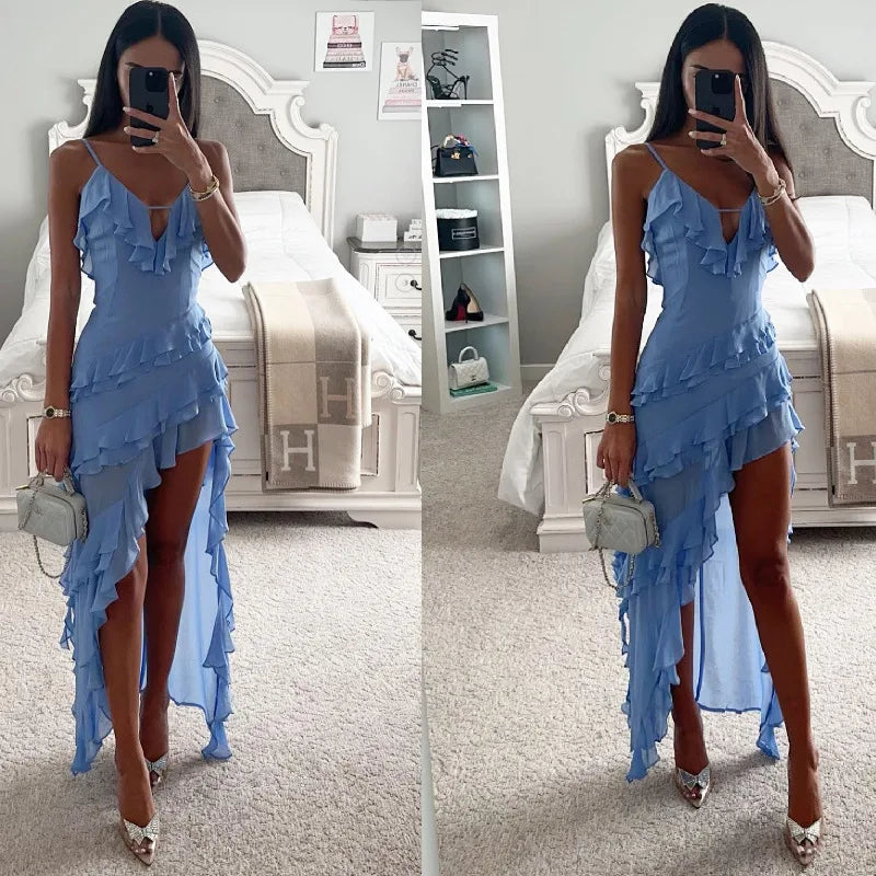 Woman Irregular Tassel Summer Trend Skinny Split Maxi Bodycon Birthday Party Clubwear Vestidos Blue Elegant Women Strap Dresses