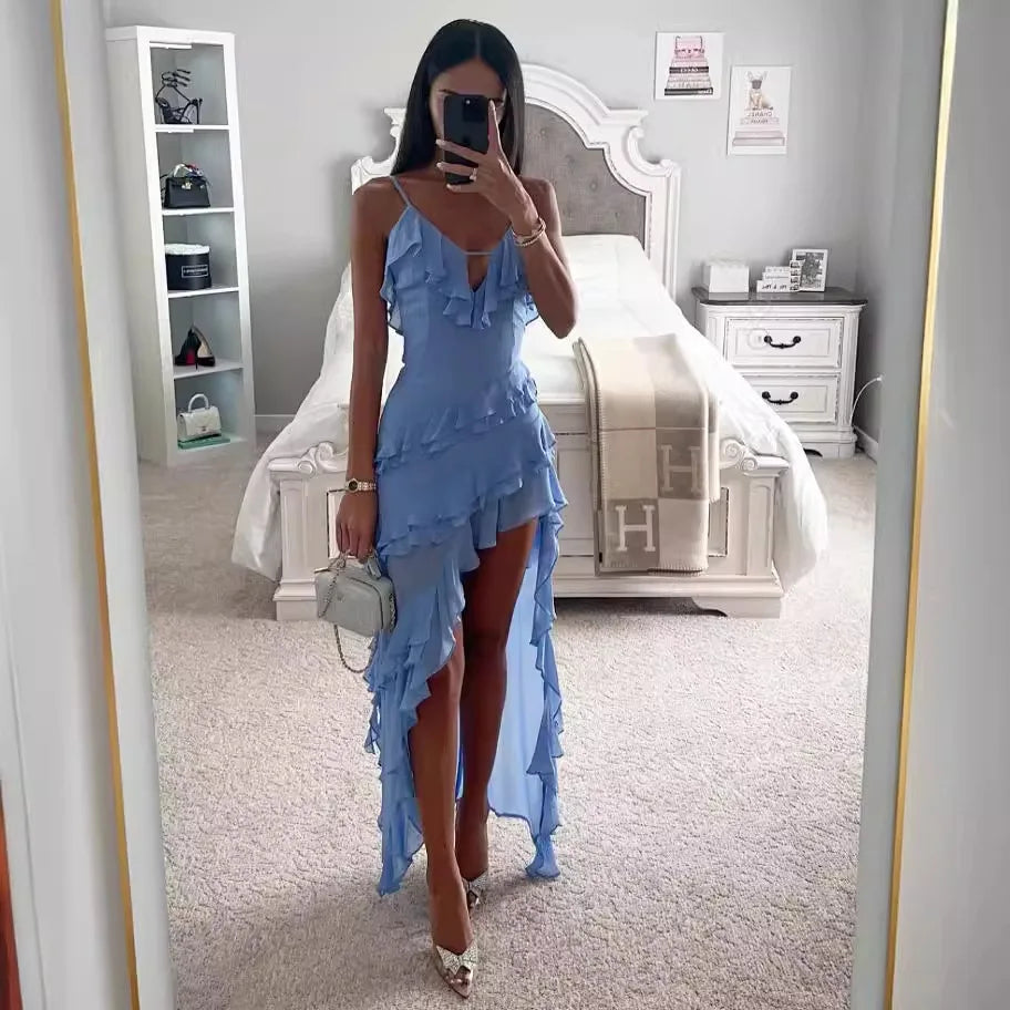 Woman Irregular Tassel Summer Trend Skinny Split Maxi Bodycon Birthday Party Clubwear Vestidos Blue Elegant Women Strap Dresses