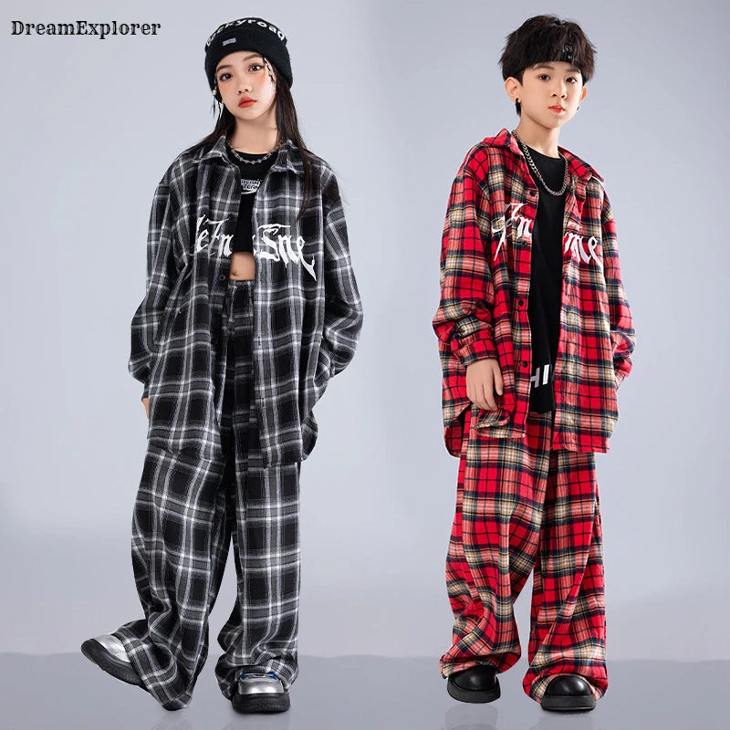 Boys Hip Hop Cool Plaid Shirt Street Dance Pants Girls K-pop Blouse Baggy Sweatpants Children Streetwear Kid Jazz Clothes Sets