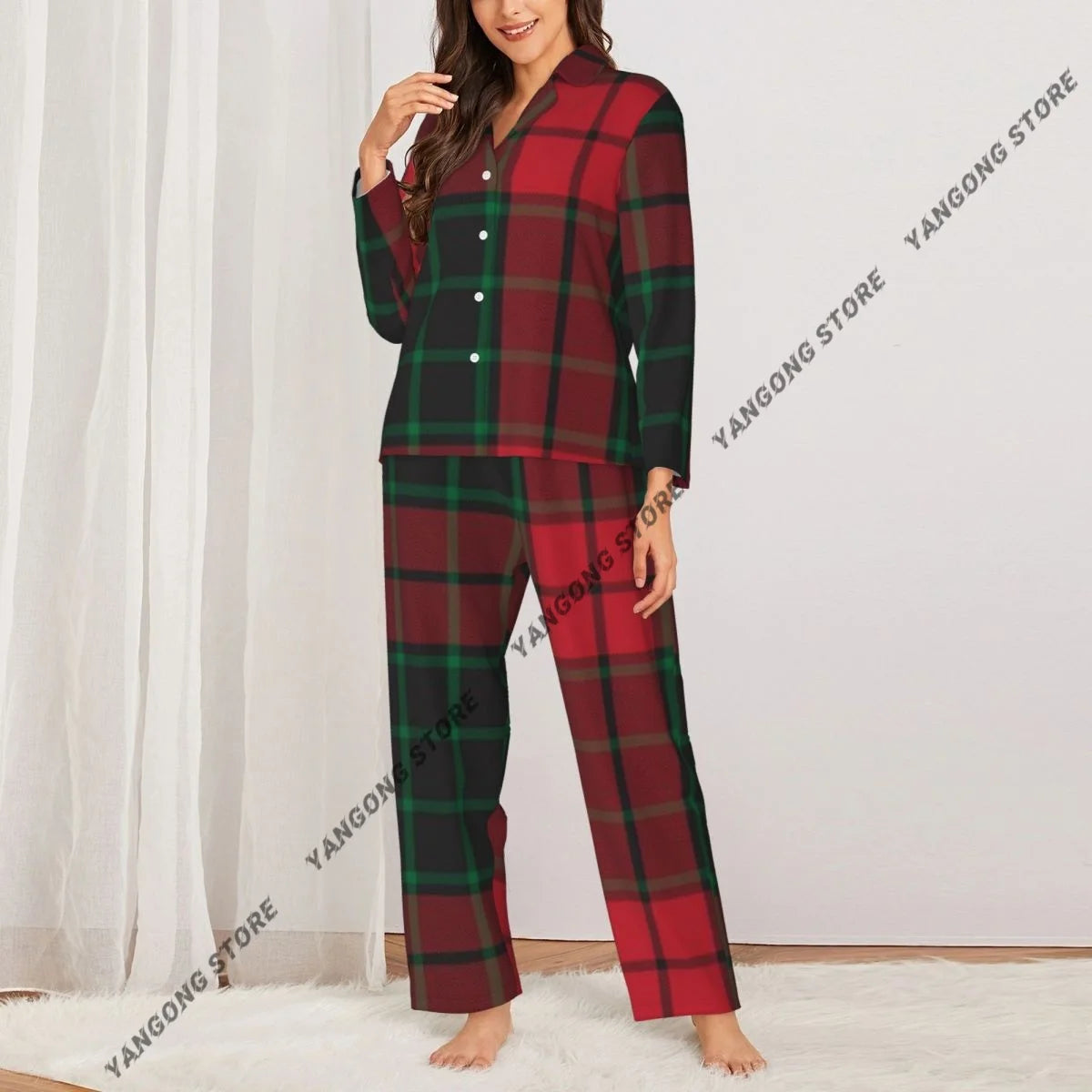 Christmas Plaid Checkered Tartan Fashion Womens Pajamas Loungewear Two-piece Sleepwear Button-Down Full Sleeve Long Pajamas Set