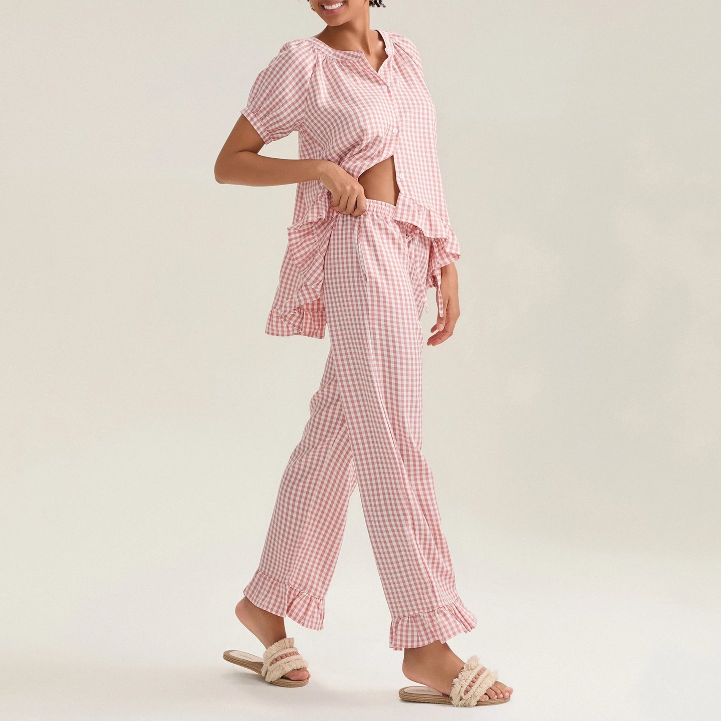 Women’s 2 Piece Pajama Set Short Sleeve Plaid Print Button Up Shirt + Ruffle Pants Set Sleepwear Loungewear