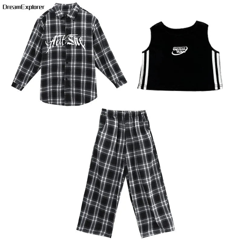 Boys Hip Hop Cool Plaid Shirt Street Dance Pants Girls K-pop Blouse Baggy Sweatpants Children Streetwear Kid Jazz Clothes Sets