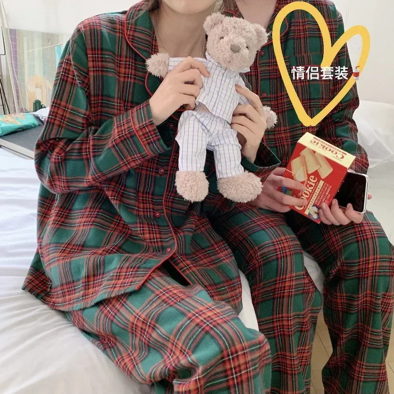 Autumn and Winter Couples Models Christmas Brushed Plaid Home Wear Casual Men's Long-sleeved Pajamas Set Can Be Worn Outside Men