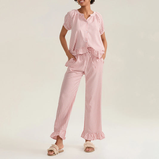 Women’s 2 Piece Pajama Set Short Sleeve Plaid Print Button Up Shirt + Ruffle Pants Set Sleepwear Loungewear