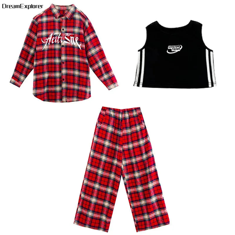 Boys Hip Hop Cool Plaid Shirt Street Dance Pants Girls K-pop Blouse Baggy Sweatpants Children Streetwear Kid Jazz Clothes Sets