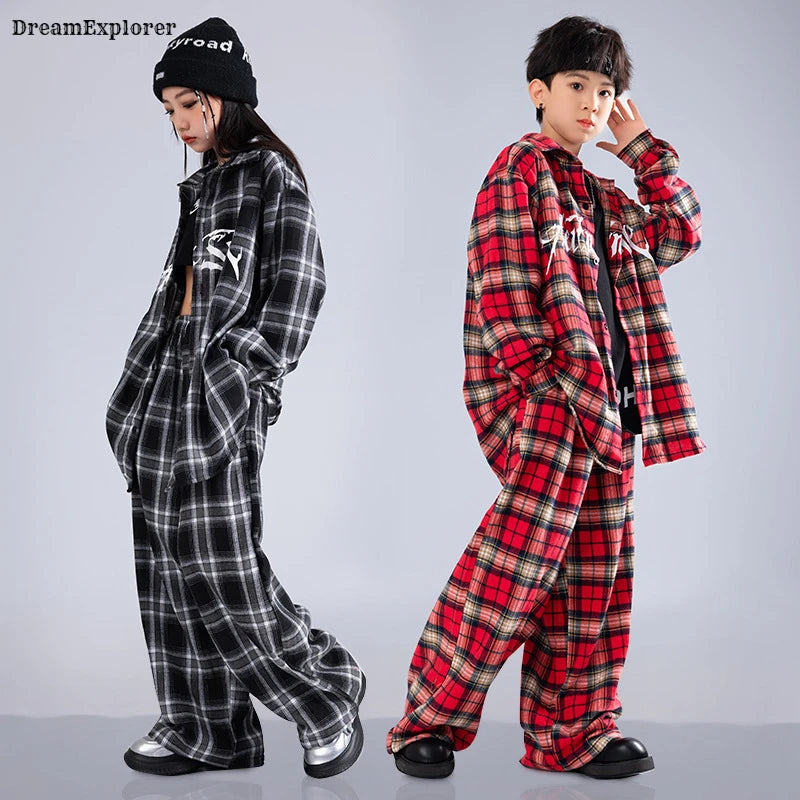 Boys Hip Hop Cool Plaid Shirt Street Dance Pants Girls K-pop Blouse Baggy Sweatpants Children Streetwear Kid Jazz Clothes Sets