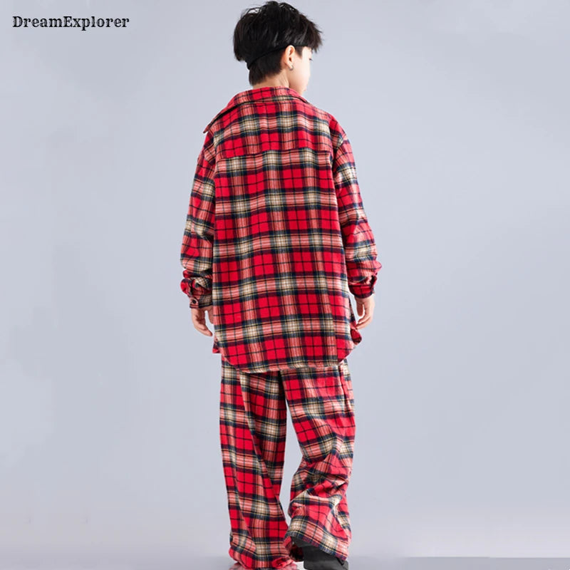 Boys Hip Hop Cool Plaid Shirt Street Dance Pants Girls K-pop Blouse Baggy Sweatpants Children Streetwear Kid Jazz Clothes Sets