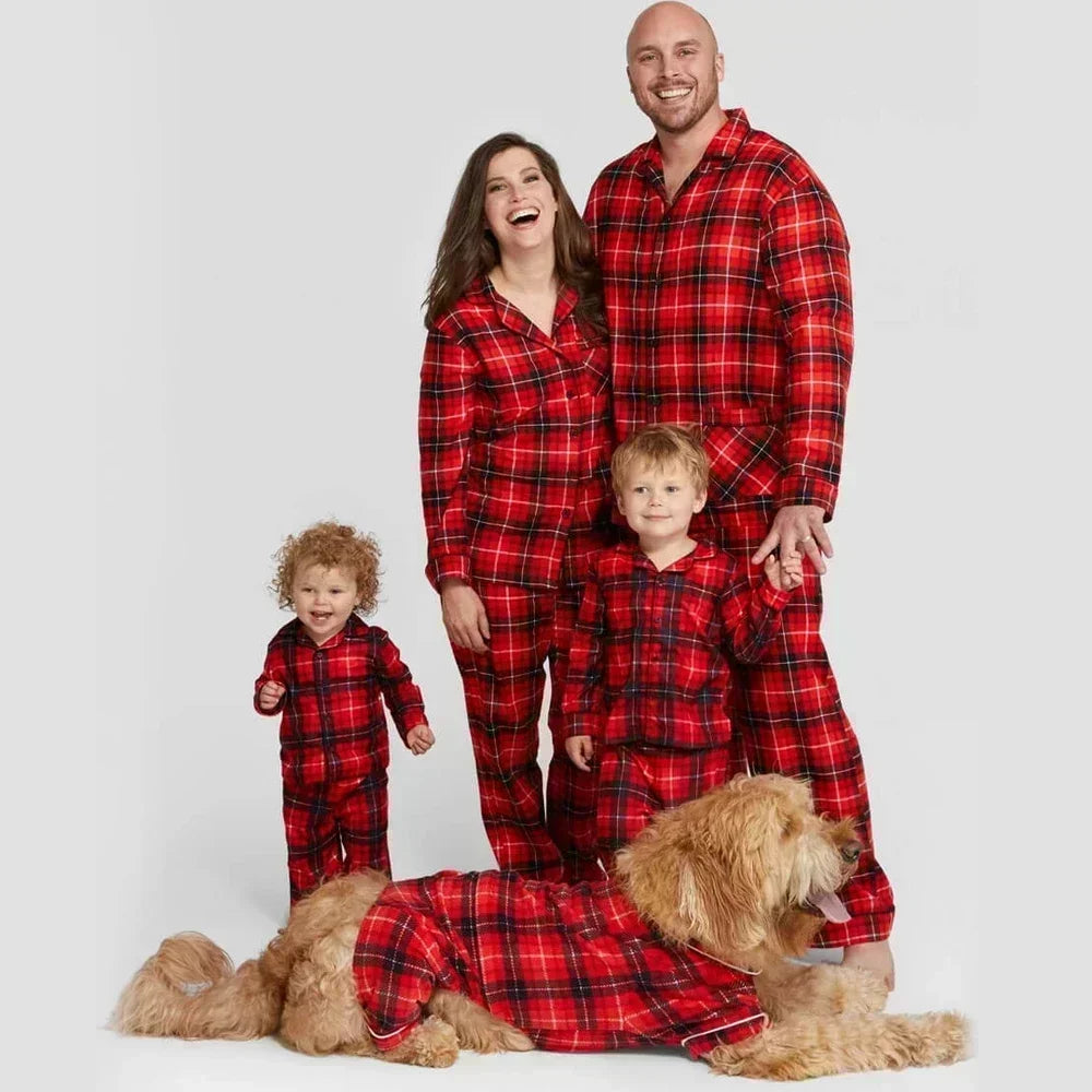 New Year's Clothes for Family Matching Christmas Pajamas Set Plaid Print Shirt+Trousers 2 Pieces Suit Baby&Dog Romper Xmas Look