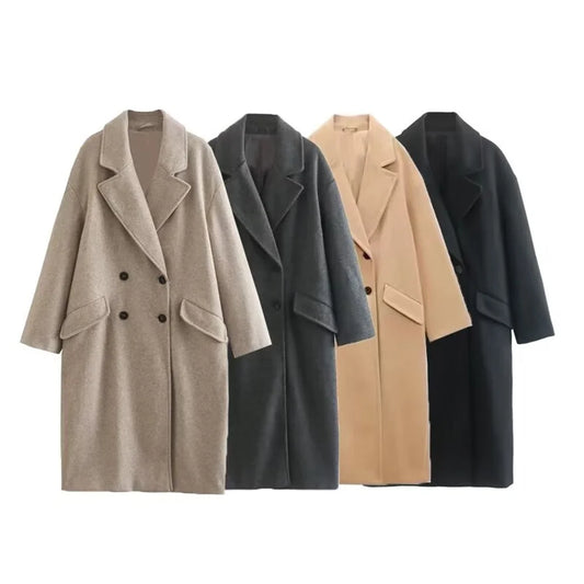 UNIZERA 2023 Winter New Product Women's Fashion and Casual Versatile Flip Collar Double breasted Button Long Woolen Coat Coat Co