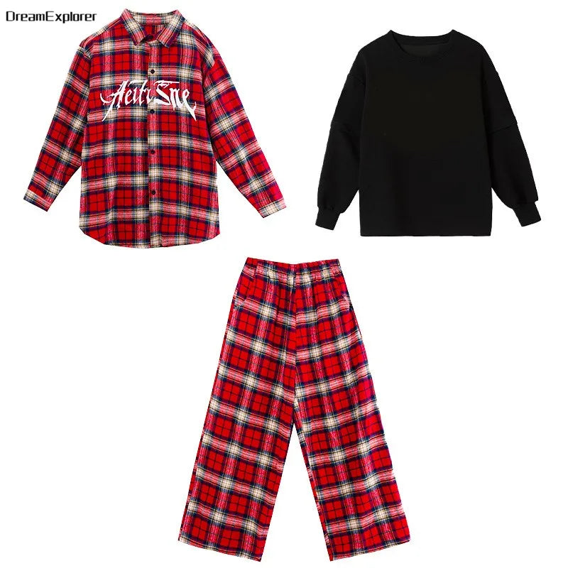 Boys Hip Hop Cool Plaid Shirt Street Dance Pants Girls K-pop Blouse Baggy Sweatpants Children Streetwear Kid Jazz Clothes Sets