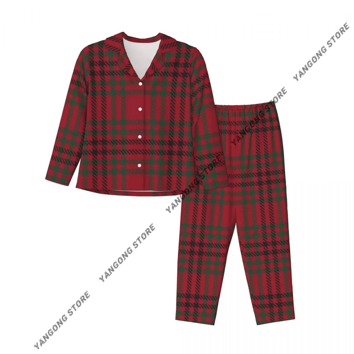 Christmas Plaid Checkered Tartan Fashion Womens Pajamas Loungewear Two-piece Sleepwear Button-Down Full Sleeve Long Pajamas Set