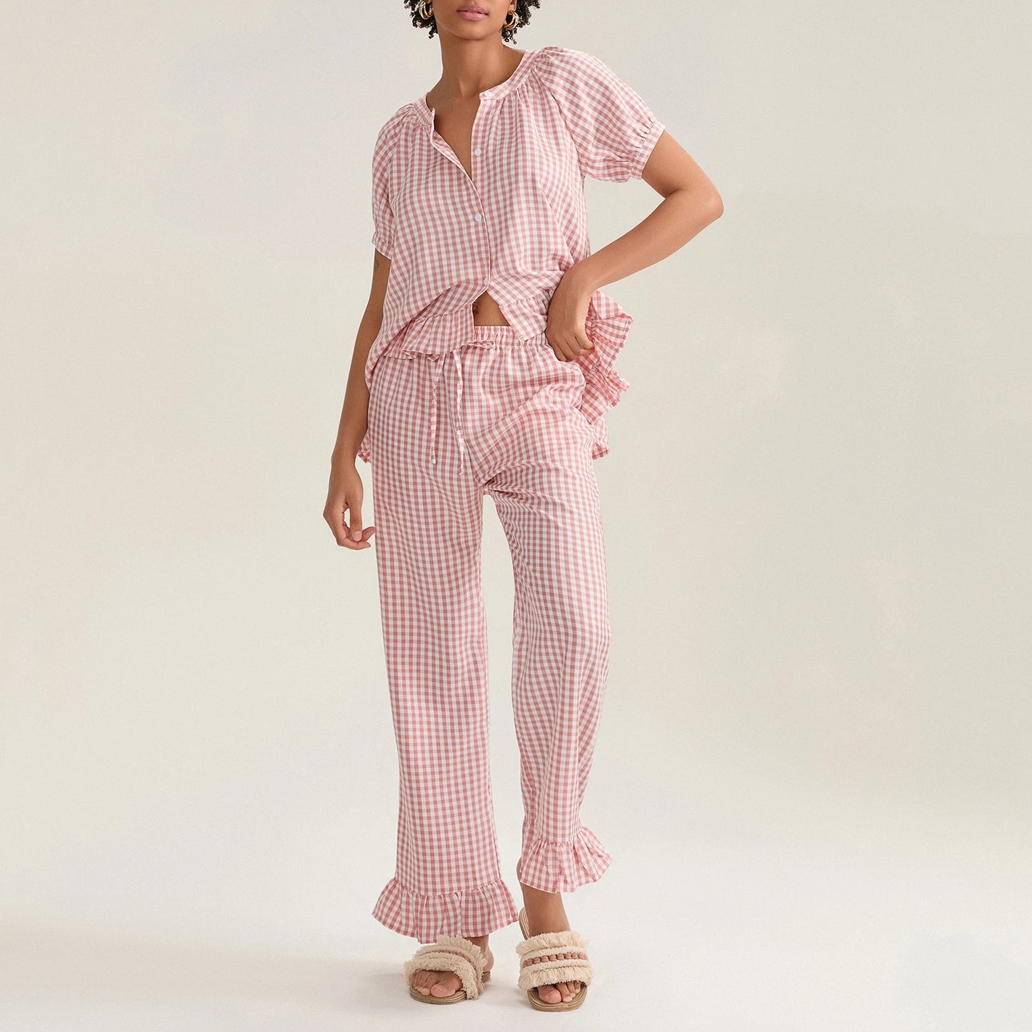 Women’s 2 Piece Pajama Set Short Sleeve Plaid Print Button Up Shirt + Ruffle Pants Set Sleepwear Loungewear